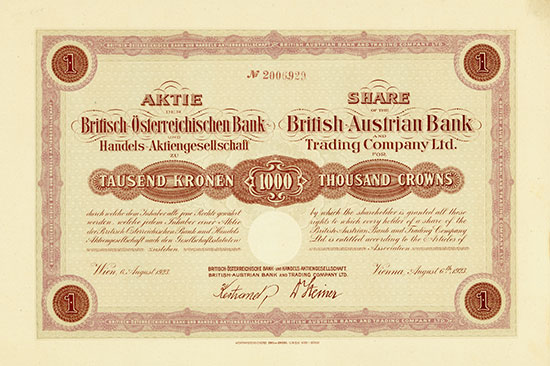 Britisch-Österreichische Bank- und Handels-AG / British-Austrian Bank and Trading Company Ltd. [2 Stück]