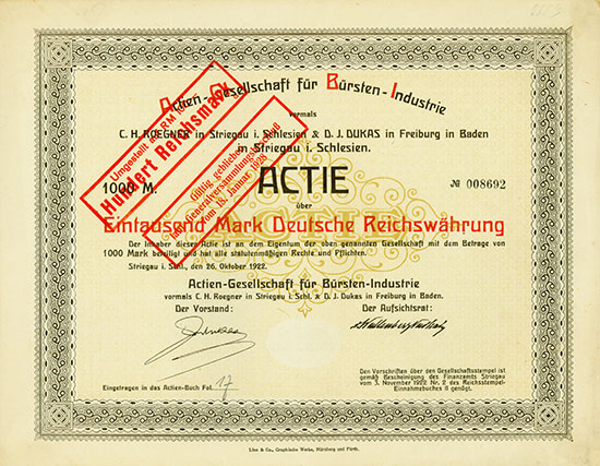 Actien-Gesellschaft für Bürsten-Industrie vormals C. H. Roegner in Striegau i. Schlesien & D. J. Dukas in Freiburg in Baden