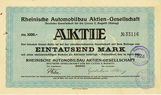 Rheinische Automobilbau AG Deutsche Gesellschaft für die Licenz E. Bugatti (Rabag)