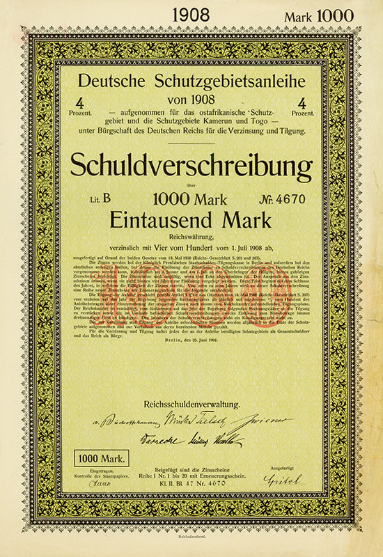 Deutsche Schutzgebietsanleihe von 1908 / 1911 / 1913 / 1914 [6 Stück]