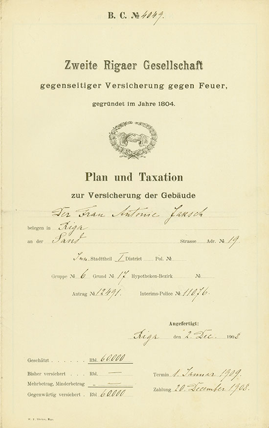 Zweite Rigaer Gesellschaft gegenseitier Versicherung gegen Feuer, gegründet im Jahre 1804