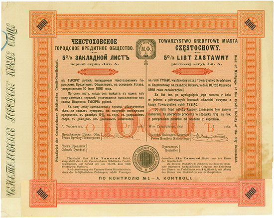Czenstochauer Städtischer Credit-Verein / Towarzystwo Kredytowe Miasta Czestochowy