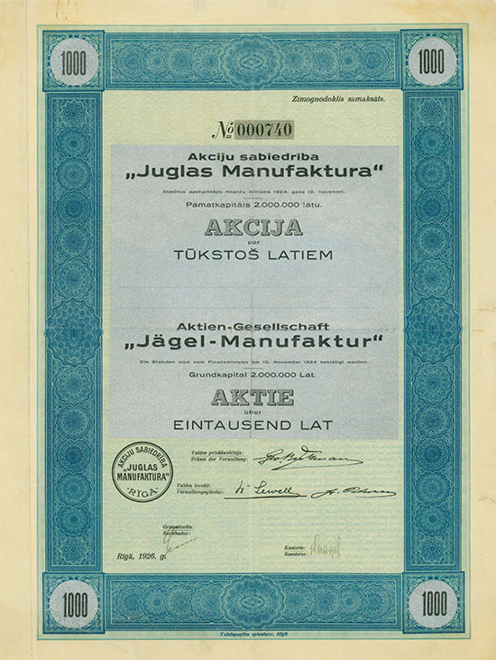 Aktien-Gesellschaft Jägel-Manufaktur / Akciju sabiedriba 