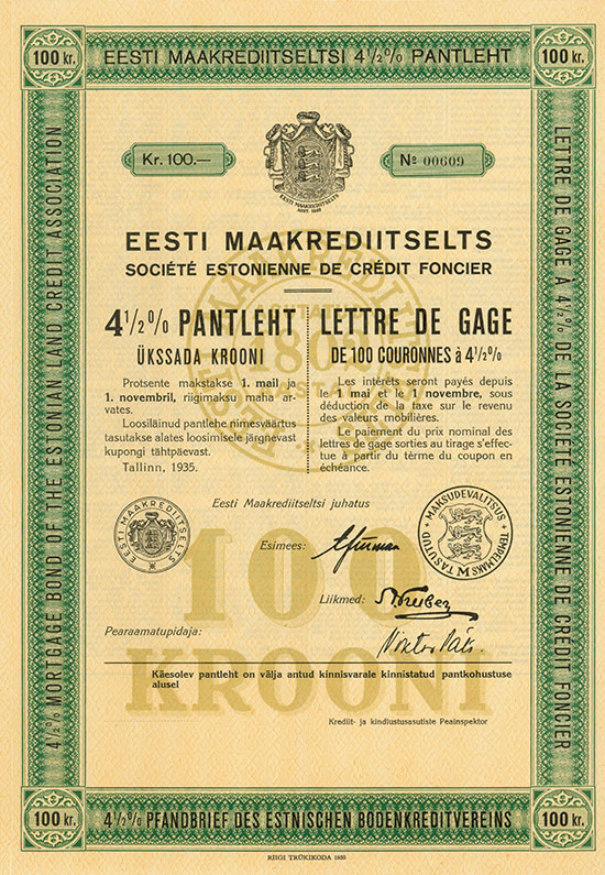 Eesti Maakrediitselts / Estnischer Bodenkreditverein / Société Estonienne de Crédit Foncier [2 Stück]