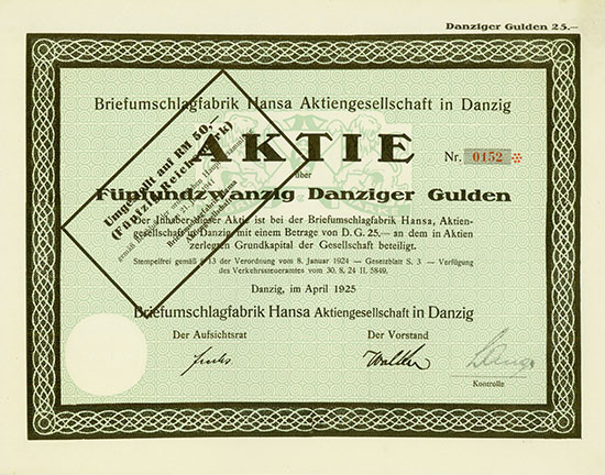 Briefumschlagfabrik Hansa Aktiengesellschaft in Danzig