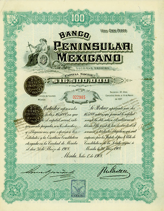 Banco Peninsular Mexicano Sociedad Anonima [15 Stück]