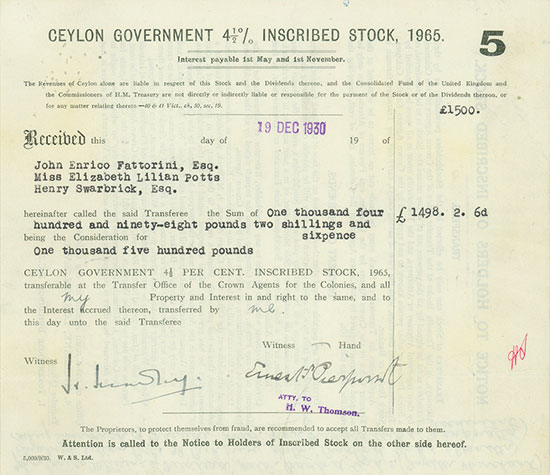 Ceylon Government 4,5 % Inscribed Stock, 1965