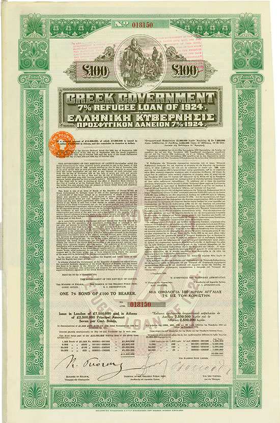 Greek Government - 7 % Refugee Loan of 1924