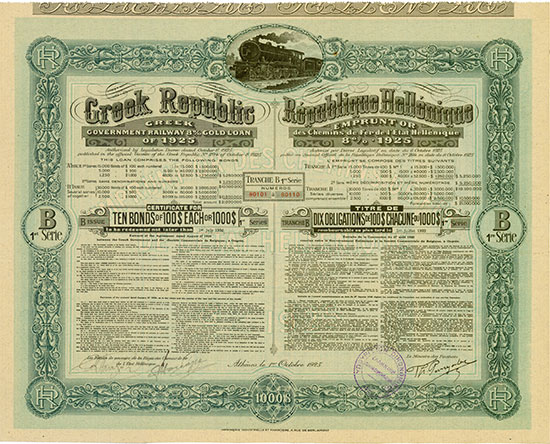 Greek Republic, Greek Government Railway 8 % Gold Loan of 1925
