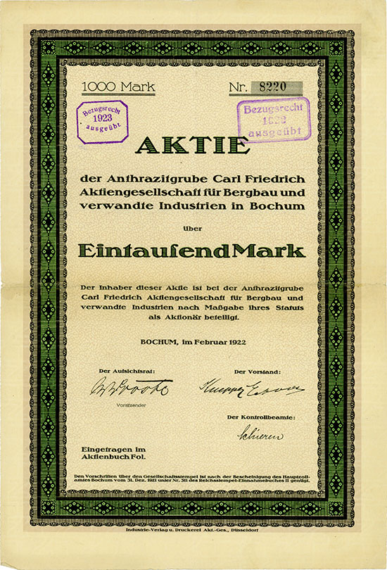 Anthrazitgrube Carl Friedrich Aktiengesellschaft für Bergbau und verwandte Industrien in Bochum