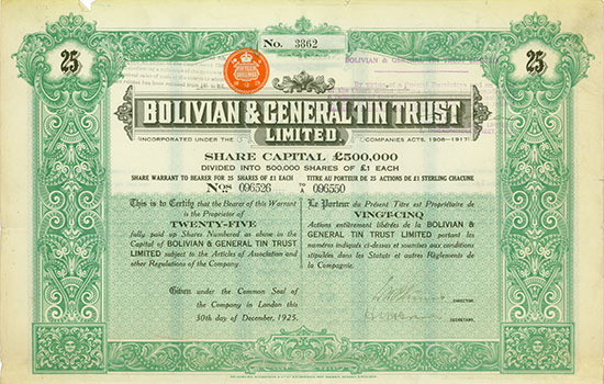 Bolivian & General Tin Trust Limited [3 Stück]