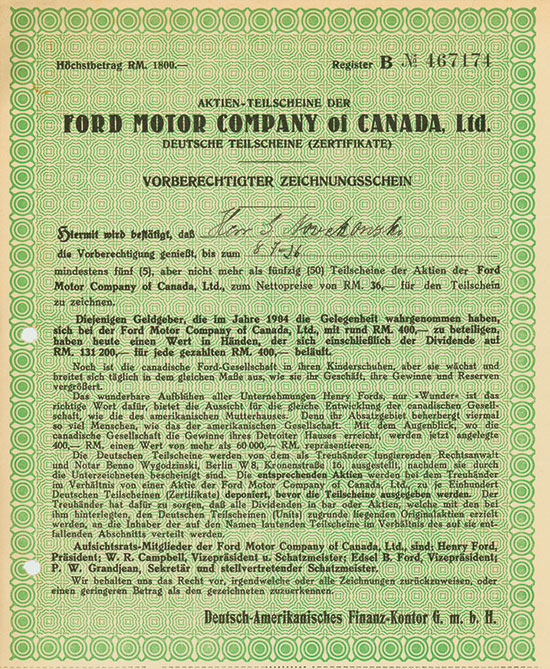 Ford Motor Company of Canada, Ltd. / Deutsch-Amerikanisches Finanz-Kontor G.m.b.H.