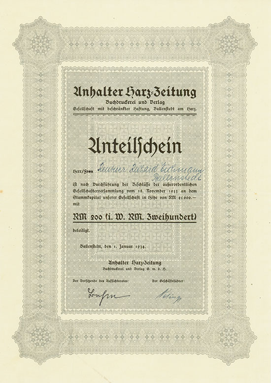 Anhalter Harz-Zeitung, Buchdruckerei und Verlag G.m.b.H.