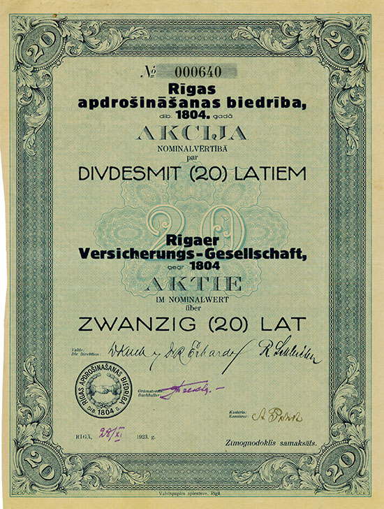Rigaer Versicherungs-Gesellschaft gegr. 1804 / Rigas apdrosinasanas biedriba dib. 1804