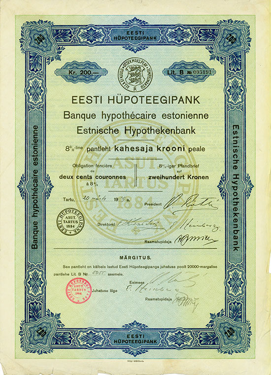 Eesti Hüpoteegipank / Estnische Hypothekenbank / Banque hypothécaire estonienne [2 Stück]