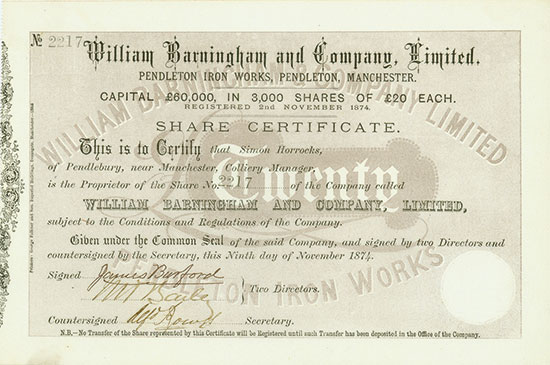 William Barningham and Company, Limited Pendleton Iron Works, Pendleton, Manchester