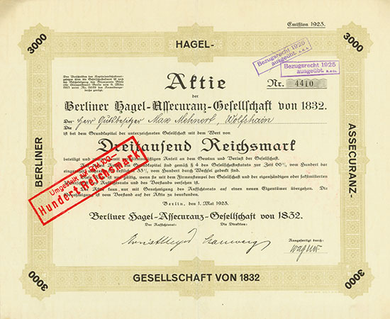 Berliner Hagel-Assecuranz-Gesellschaft von 1832 [2 Stück]