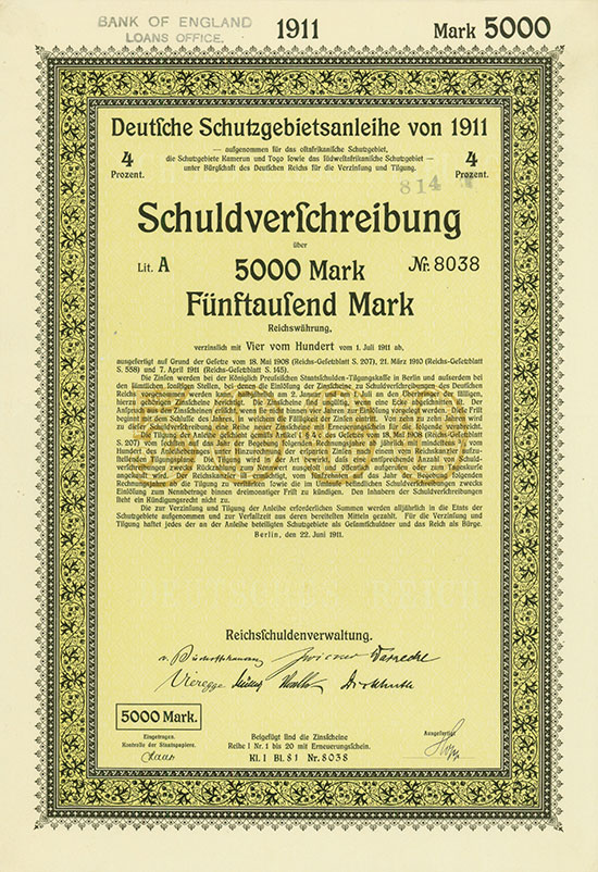 Deutsche Schutzgebietsanleihe von 1908 / 1911 [4 Stück]