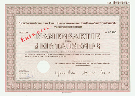 Südwestdeutsche Genossenschafts-Zentralbank AG / Zentralkasse Südwestdeutscher Volksbanken AG [2 Stück]