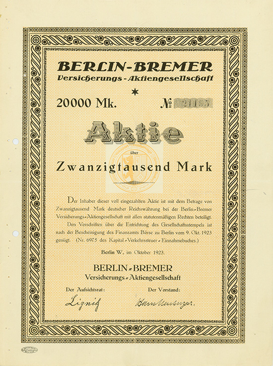 Berlin-Bremer Versicherungs-AG / Berlin-Bremer Transport-Versicherungs-AG [2 Stück]