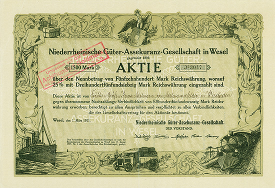 Niederrheinische Güter-Assecuranz-Gesellschaft in Wesel gegründet 1839 [3 Stück]
