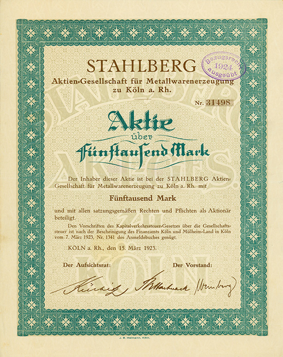 Stahlberg Aktien-Gesellschaft für Metallwarenerzeugung zu Köln a. Rhein
