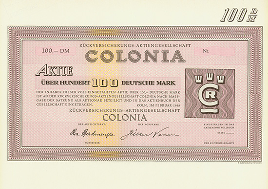 Rückversicherungs-Aktiengesellschaft Colonia [2 Stück]
