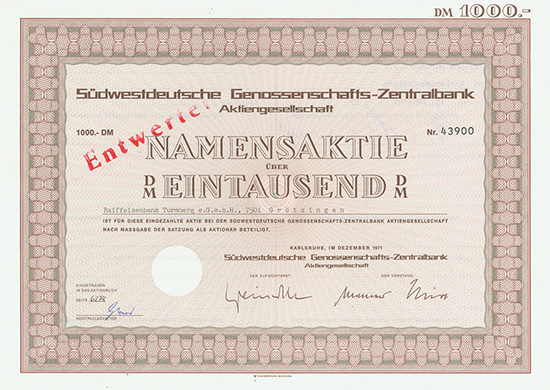 Südwestdeutsche Genossenschafts-Zentralbank AG / Zentralkasse Südwestdeutscher Volksbanken AG [2 Stück]