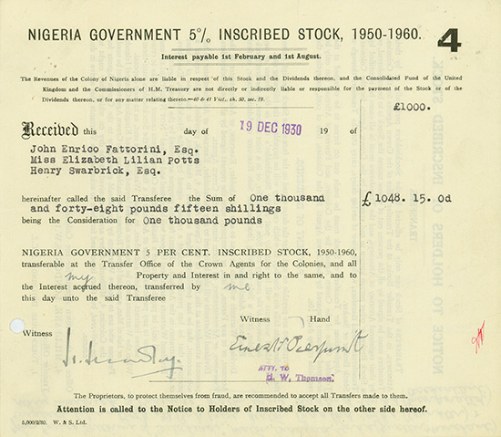 Nigeria Government 5 % Inscribed Stock, 1950 - 1960
