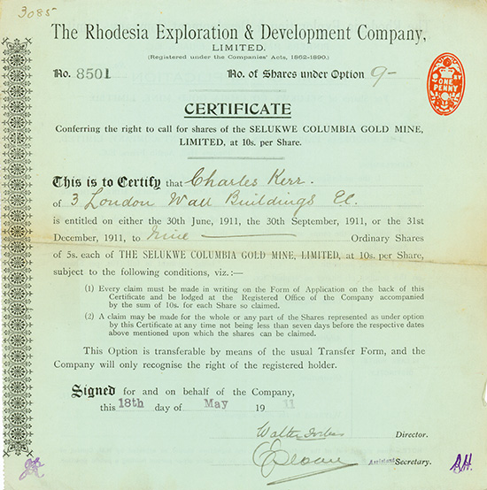 Rhodesia Exploration & Development Company, Limited - Selukwe Columbia Gold Mine, Limited