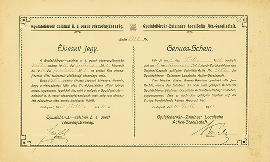 Gyulafehérvar-Zalatnaer Localbahn Act.-Gesellschaft / Gyulafehérvar-zalatnai h. é. vasut részvénytársaság