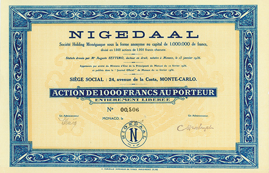 Nigedaal Société Holding Monégasque sous la forme anonyme