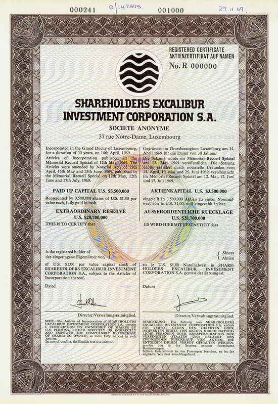 Shareholders Excalibur Investment Corporation S.A.