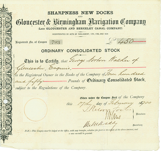 Sharpness New Docks and Gloucester & Birmingham Navigation Company (Late Glouecester and Berkeley Canal Company)