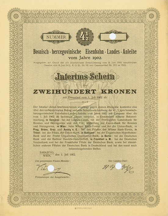 Bosnisch-hercegovinische Eisenbahn-Landes-Anleihe vom Jahre 1902 [6 Stück]