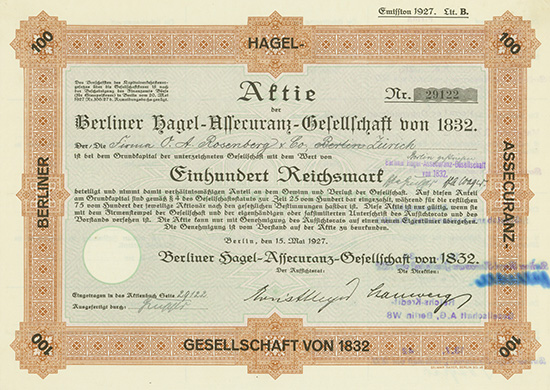 Berliner Hagel-Assecuranz-Gesellschaft von 1832 [3 Stück]