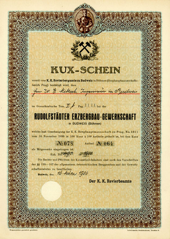 Rudolfstädter Erzbergbau-Gesellschaft in Budweis [2 Stück]