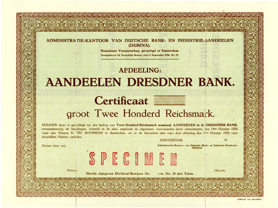 Dresdner Bank - Administratie-Kantoor van Duitsche Bank- en Industrie-Aandeelen (DUBINA) 
