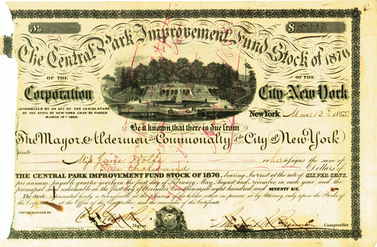Central Park Improvement Fund Stock of 1876